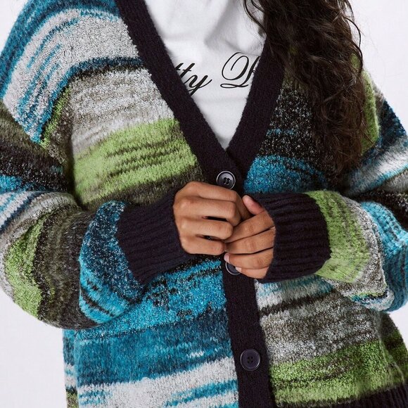 Multicolor Casual Women's Contrast Binding striped Marble Knit Cardigan - Picture 5 of 5